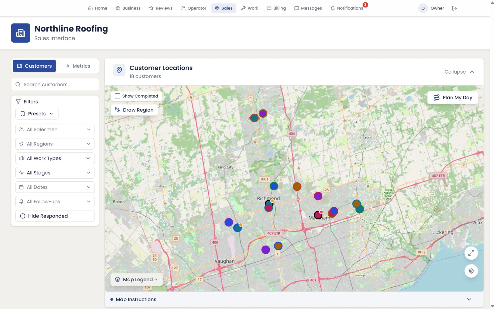 HomeJet customer map: every job as a pin, coloured by work type, with sales filters on the left