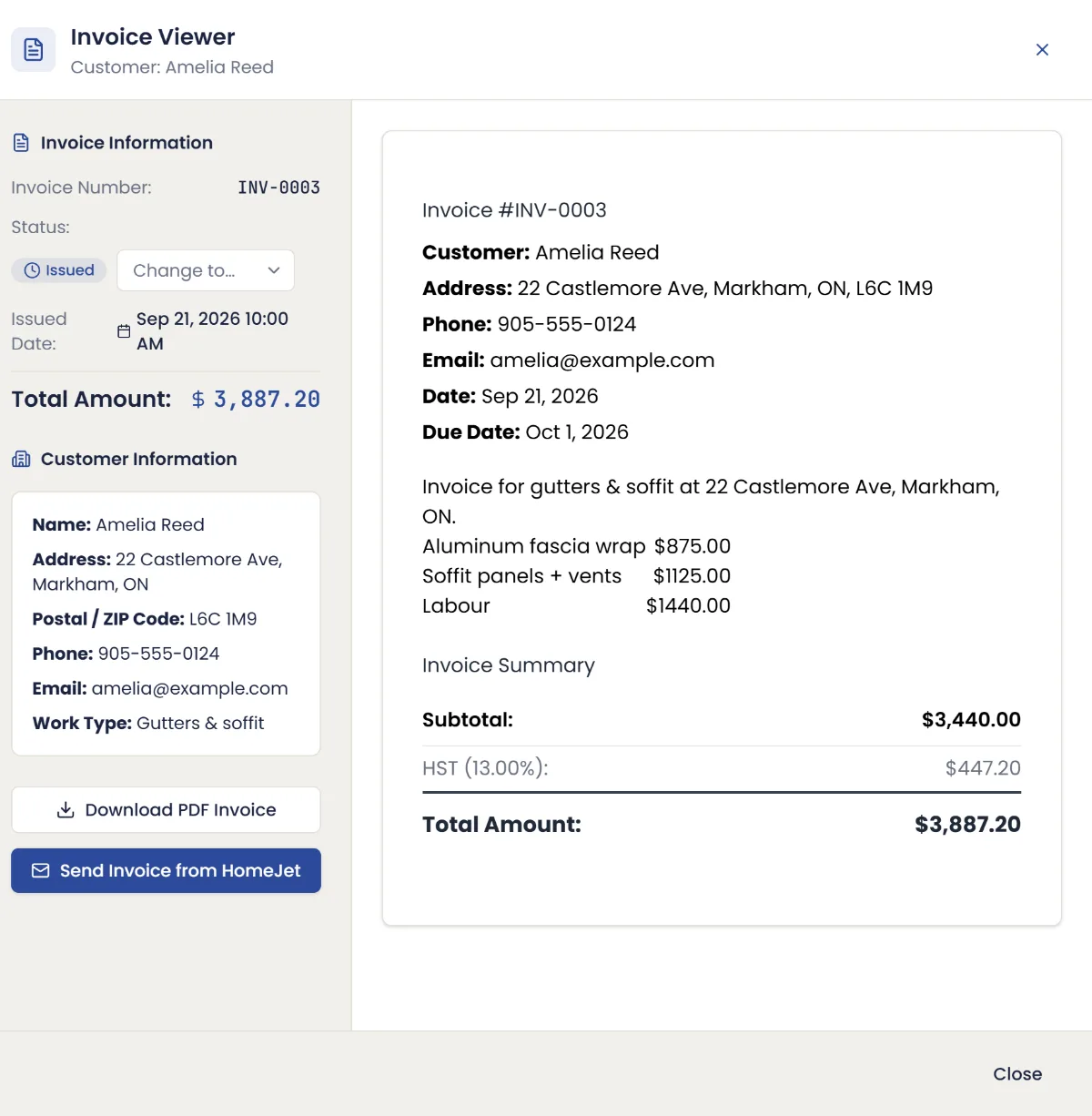 A HomeJet invoice with line items, HST and the total, next to the send and download buttons