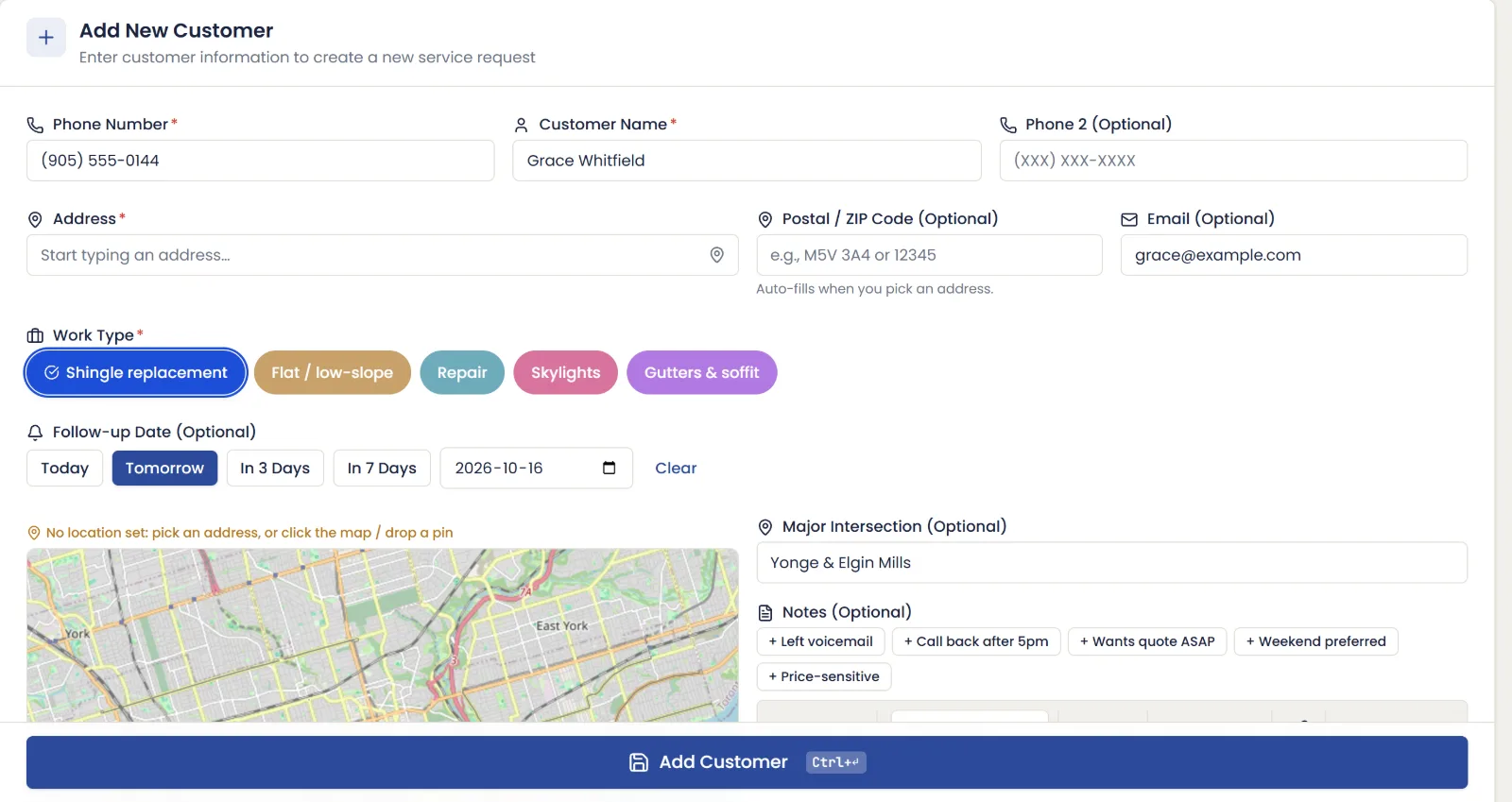 The HomeJet new-customer form with name, phone, work type and a follow-up date filled in