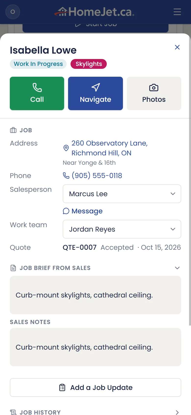 HomeJet job sheet on a phone with Call, Navigate and Photos and the brief from sales