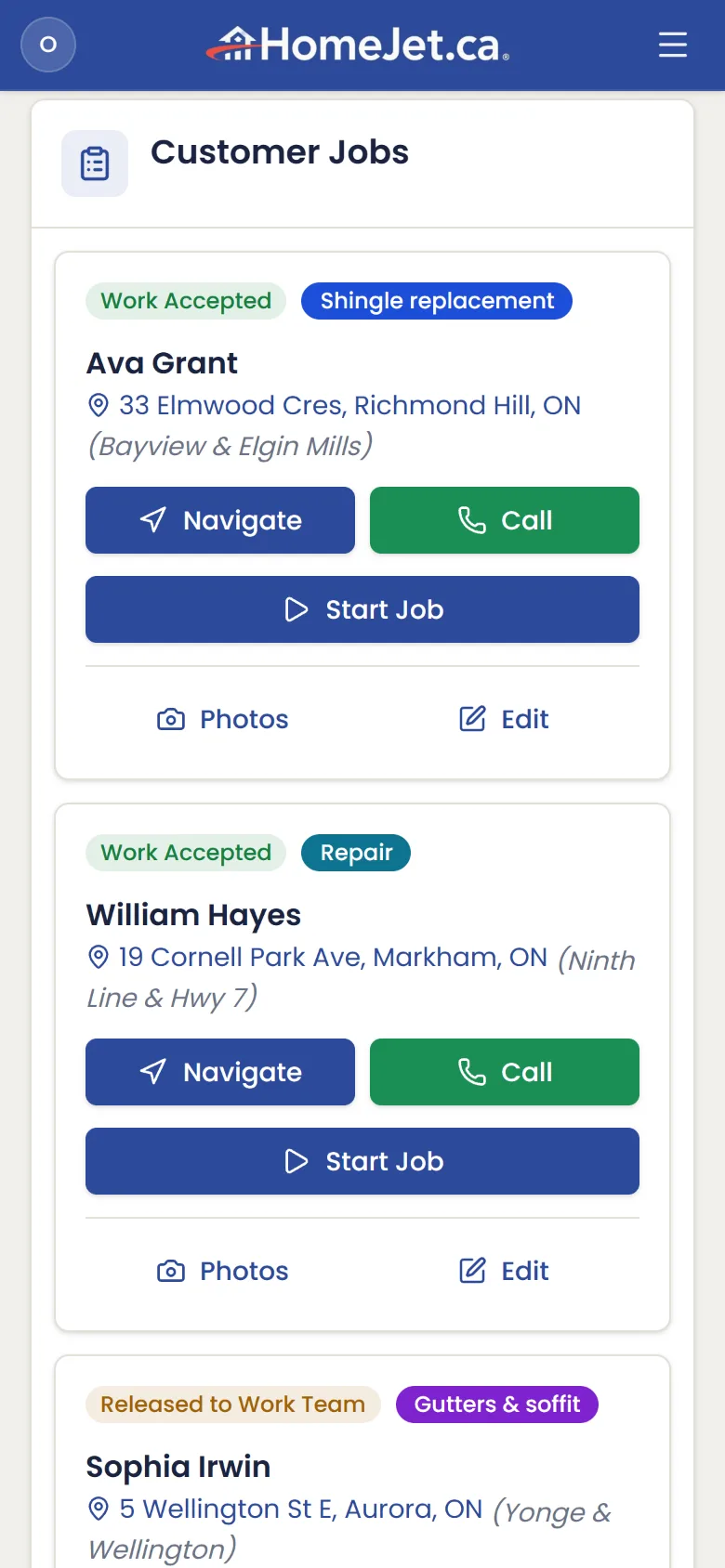 HomeJet on a phone: the crew job list with Navigate, Call and Start Job buttons
