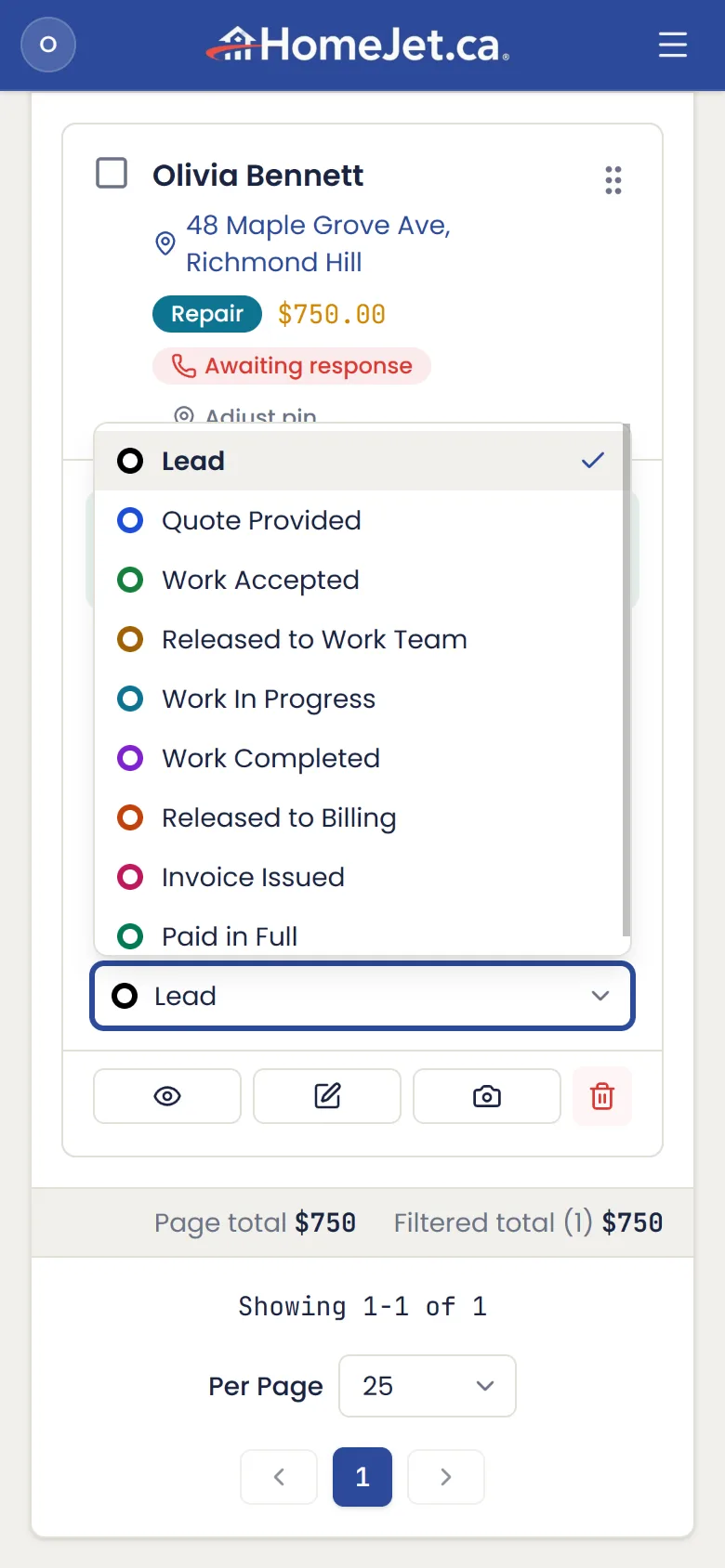 Changing a job stage on a phone in HomeJet: one menu, from Lead to Paid in Full