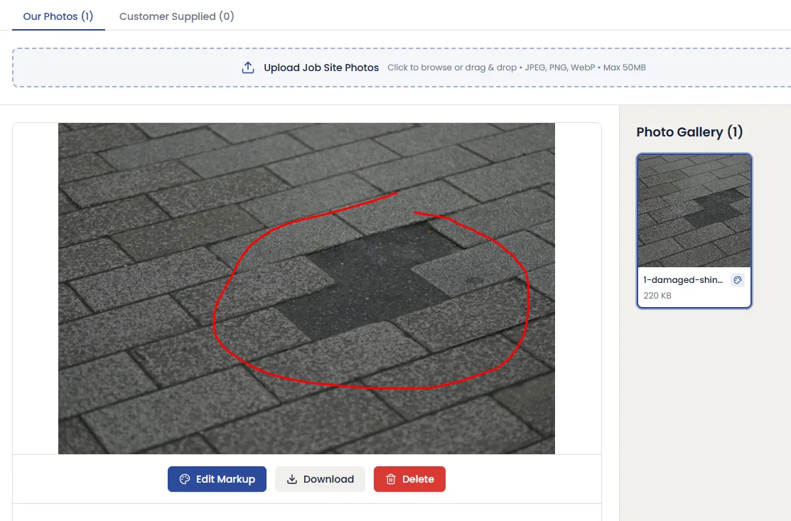 A roof photo in the HomeJet job gallery with the damaged area circled in red, and the Edit Markup button