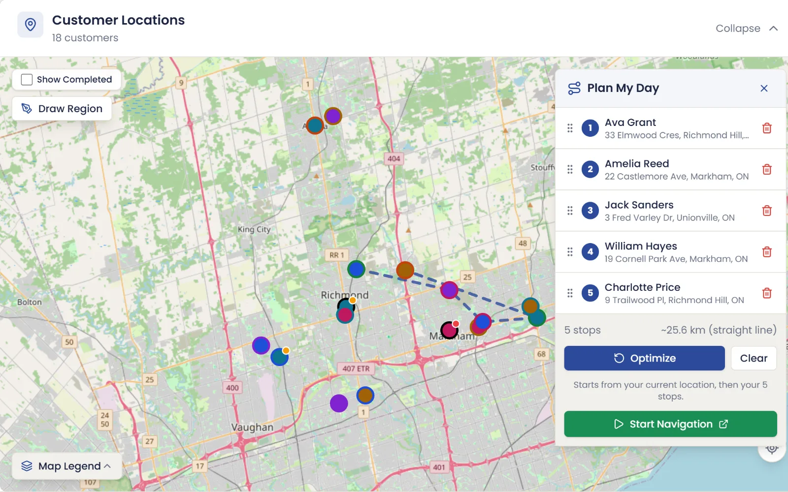 Plan My Day: five customer stops joined into one route on the map, with Optimize and Start Navigation