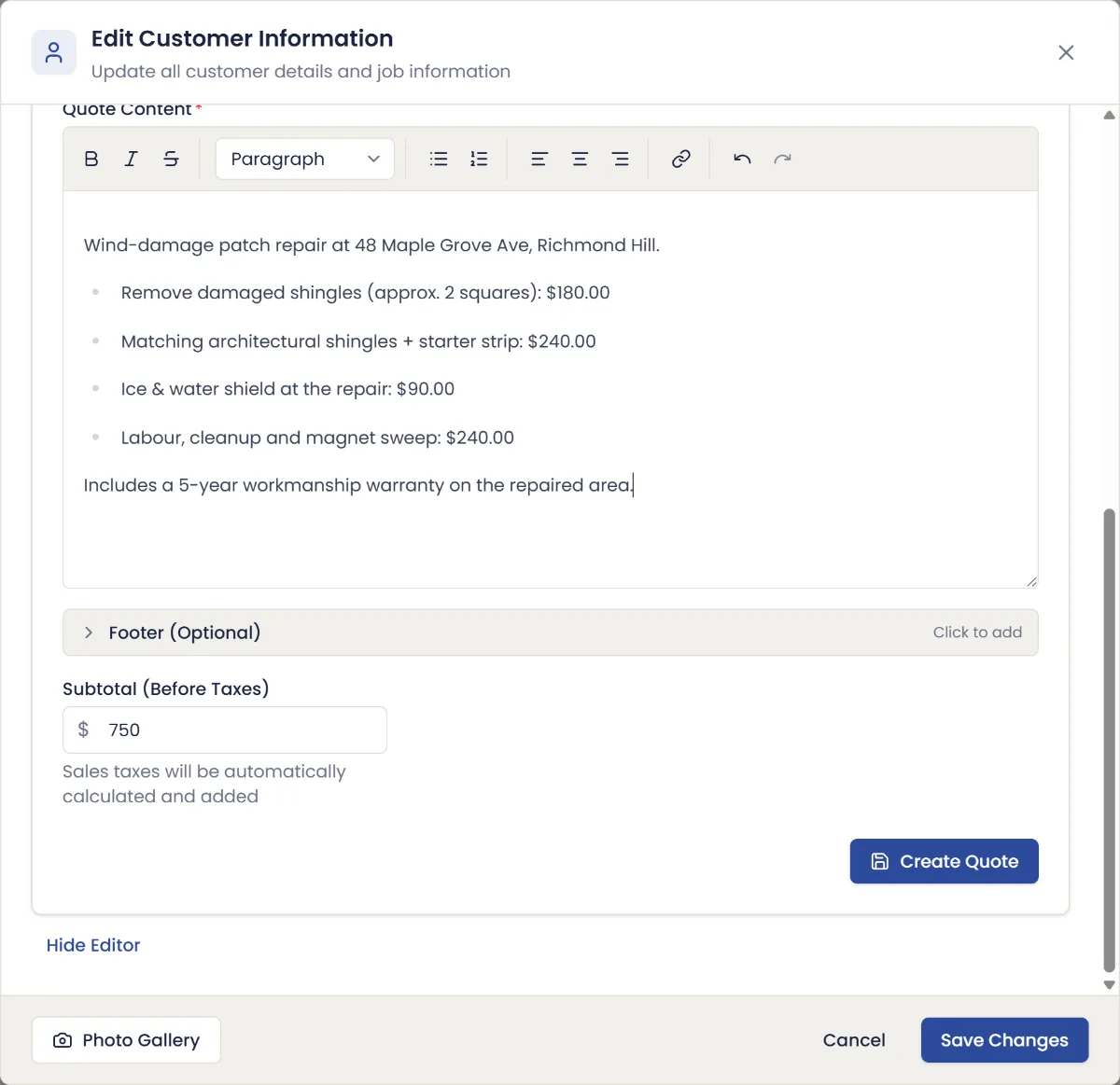 Building a roofing quote in HomeJet: itemised lines and the subtotal, with tax added automatically