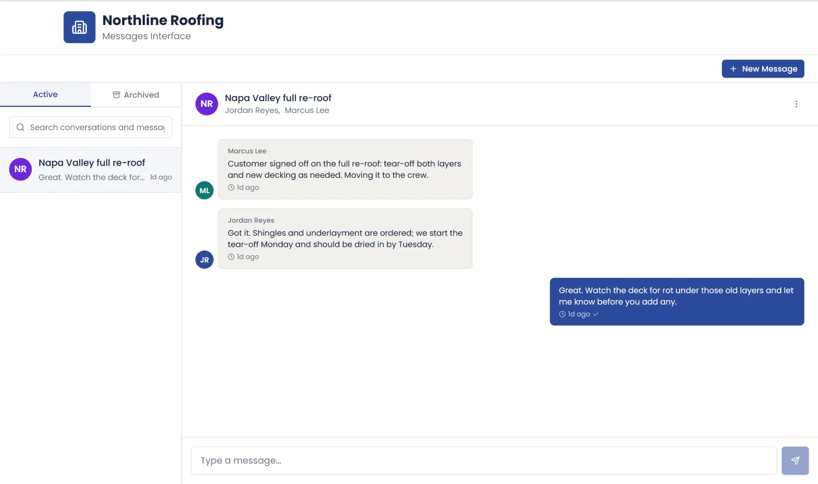 A HomeJet team message thread about a re-roof between the owner, sales and the crew